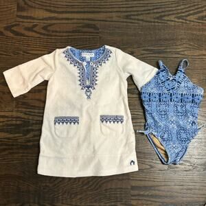 Cabana Life One Piece Swim Cover Set Blue White Embroidered 12-18 Months